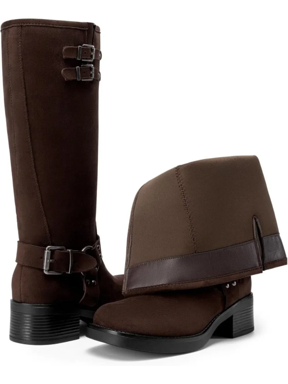 Women's Dark Brown Leather Adjustable Buckles Side Zipper Moto Knee High Boots